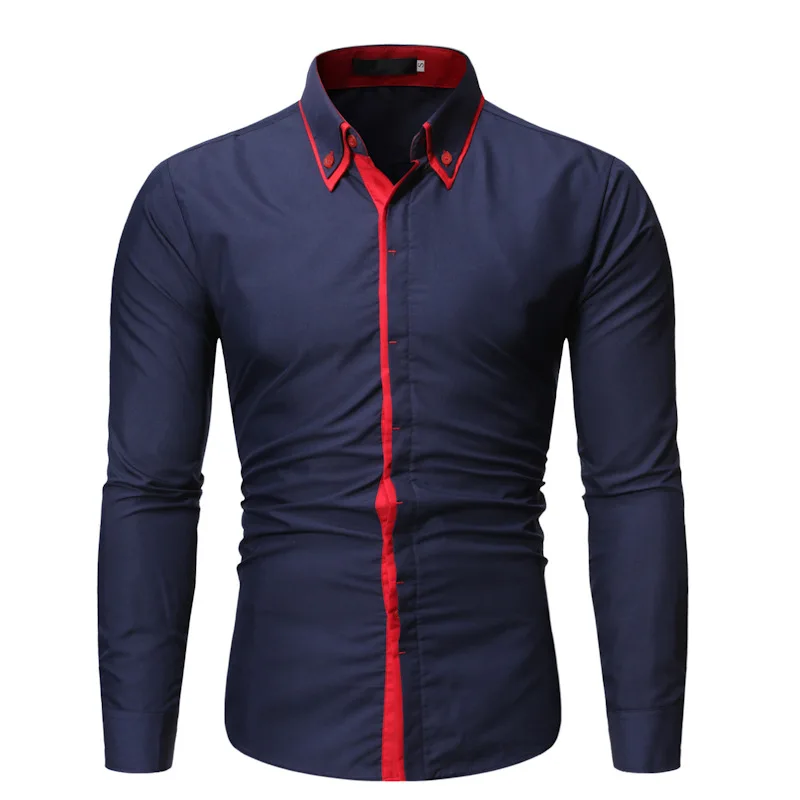 Новая Осенняя мужская рубашка, деловые повседневные рубашки с длинным рукавом, облегающие рубашки Camisa Masculina, мужские сексуальные рубашки, серые рубашки 2XL - Цвет: Кораллово-Красный