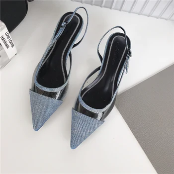 

2020 Spring Women New Sandals Pointed Toe Bling PVC Transparent Sandals Thin Mid Heels Back Strap Shallow Party Dress Shoes Mule