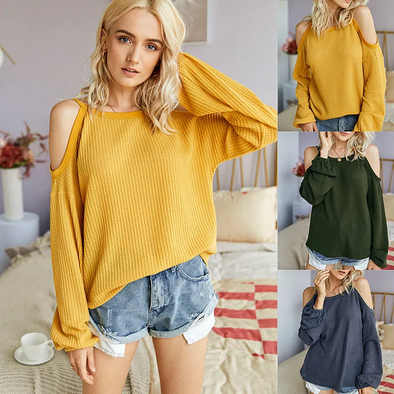 

New Autumn Women Sweater Thin Off The Shoulder Knitted Tops Solid Yellow Pullovers Korean Casual Long Sleeves Loose Jumpers