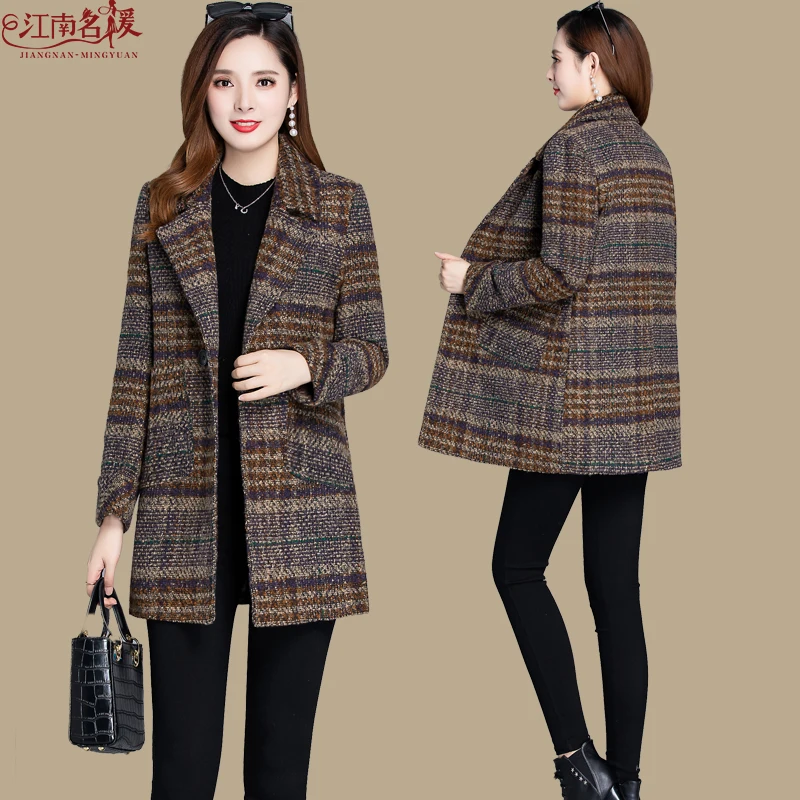 

Middle-aged women's fashion woolen coat mother loaded 2019 new autumn and winter foreign lattice Plus size fat mm woolen coat