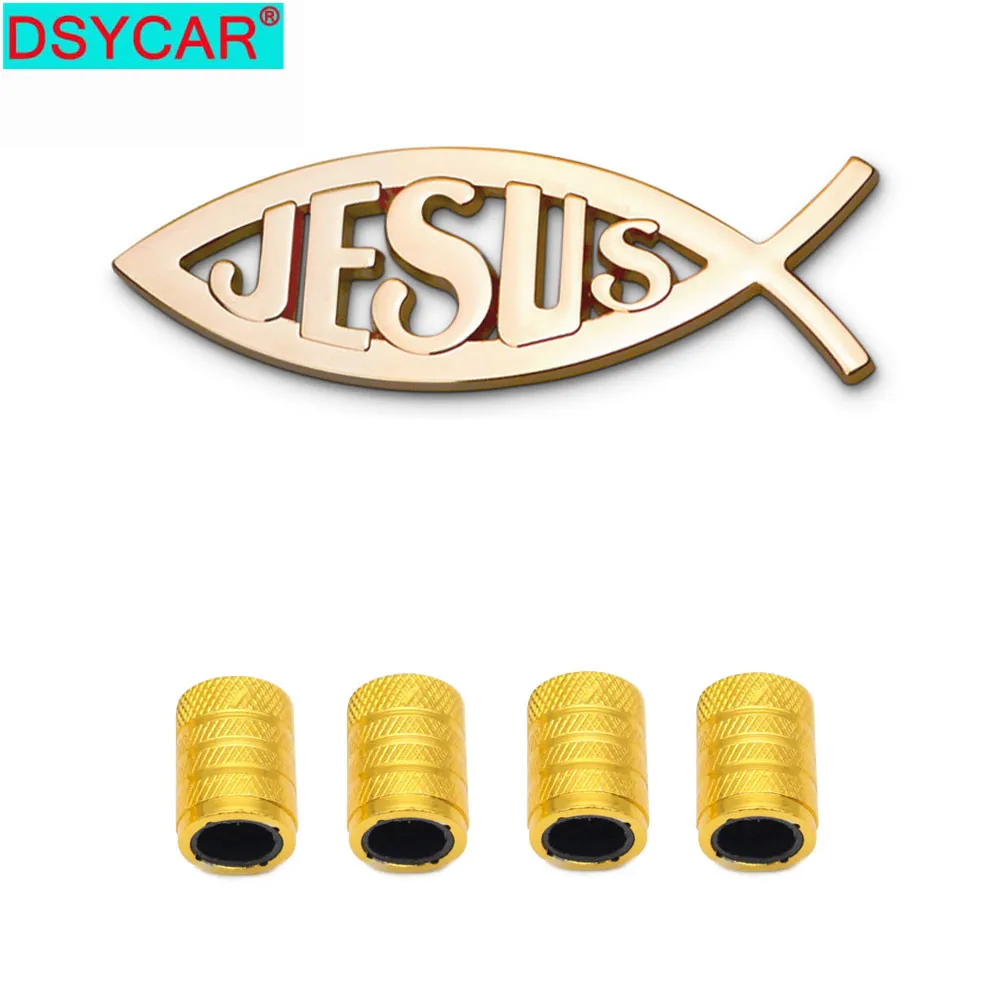 

Dsycar 3D Metal Jesus Car Badge Emblem Sticker +4Pcs Knurled Style With Plastic Core Valve Caps for Universal Car