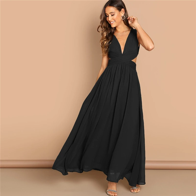 SHEIN Однотонное Платье С Глубоким V-Образным Вырезом Женское Голубое Элегантное Платье Без Рукавов С Открытой Спиной