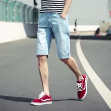 Модные Повседневное плюс Размеры Для мужчин джинсовые шорты с дырками джинсовые короткие брюки однотонные, до колена джинсы