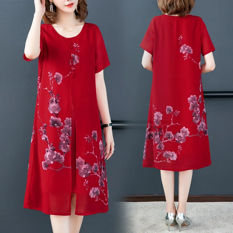 

National Wind Dress 2019 Spring And Summer Loose And Plus-sized Belly Covering Real Silk Textured by Age Mock Two-Piece Medium-l