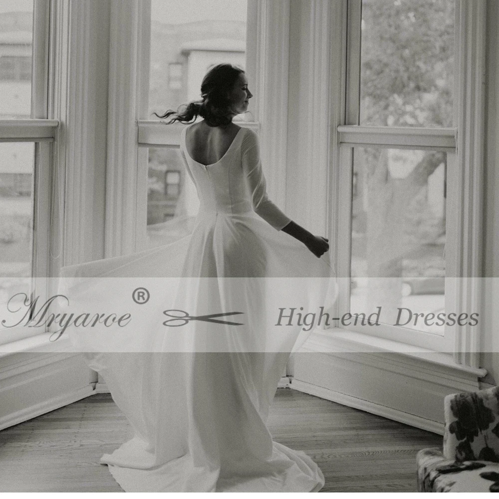 Mryarce просто Элегантный Совок вырез Высокий Низкий креп свадебное платье с длинными рукавами скромные свадебные платья