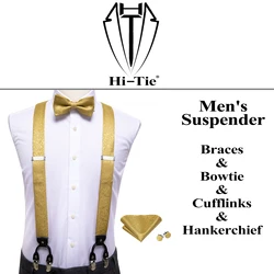 Hi-Tie Silk 6 Clips Mens Suspenders Jacquard Braces Bowtie Hanky Cufflinks Set For Men Adjustable fit 160cm to 195cm Height Gift
