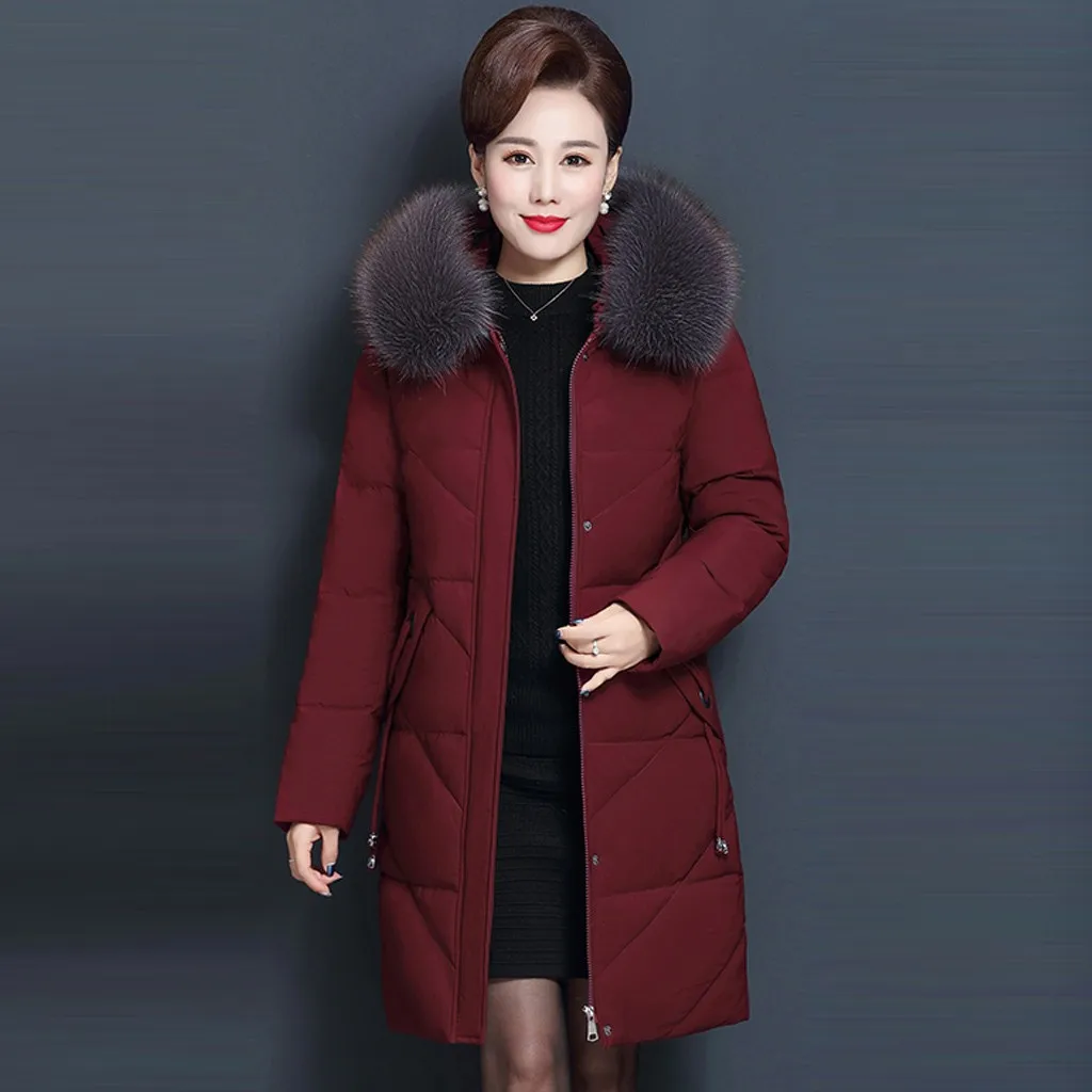 Зимнее пальто средней длины с меховым капюшоном для женщин среднего возраста, Модные свободные уплотненные хлопковые куртки, пальто для женщин, теплые корейские парки больших размеров