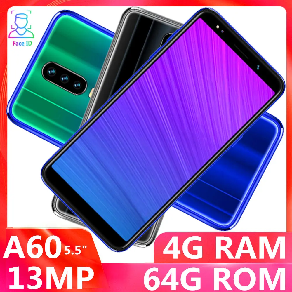 A60 четырехъядерный смартфон 4G ram 64G rom 5MP+ 13MP фронтальная/задняя камера celulares Face ID разблокированный WCDMA Android Мобильные телефоны 2SIM