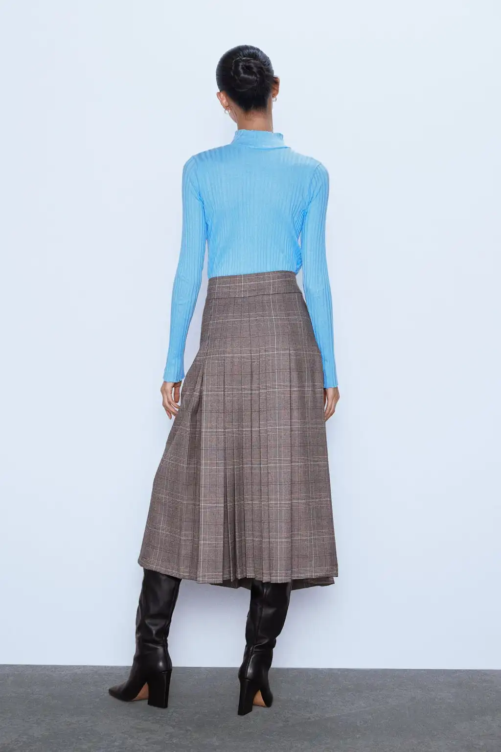 ZA Autumn and Winter New Women's High Waist Skirt Wide Pleated Plaid Skirt Side Stitch Dark Zip Closure