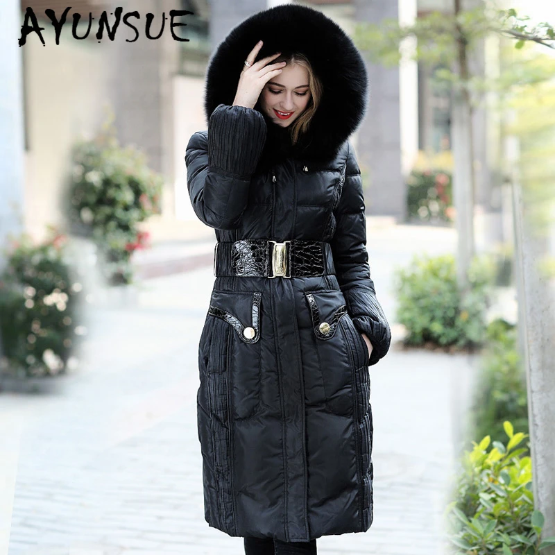 AYUNSUE Luxury Real Fox Fur Hooded Women's Winter Down Jacket Female