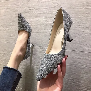 

Women Shoes 2020 Spring Pumps Latest Sandals Ladies High Heels Pointed Toe Slip Om Bling Bling All-Match Lace-up Shallow Mouth