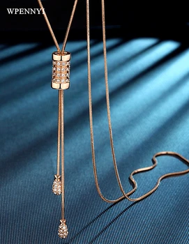 

Elegant Women Long Pendant Necklace Fashion Sweater Chain Rose Gold Color Zirconia Pendant Adjustable Birthday Gifts Wholesale
