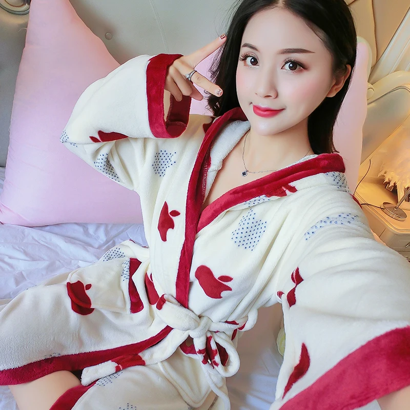 R Q 8561 hong Новинка, Мультяшные плотные ночные рубашки, зимний банный халат, женские пижамы, банный фланелевый теплый халат, одежда для сна, женские халаты, коралловый бархат - Цвет: R Q 8561 hong