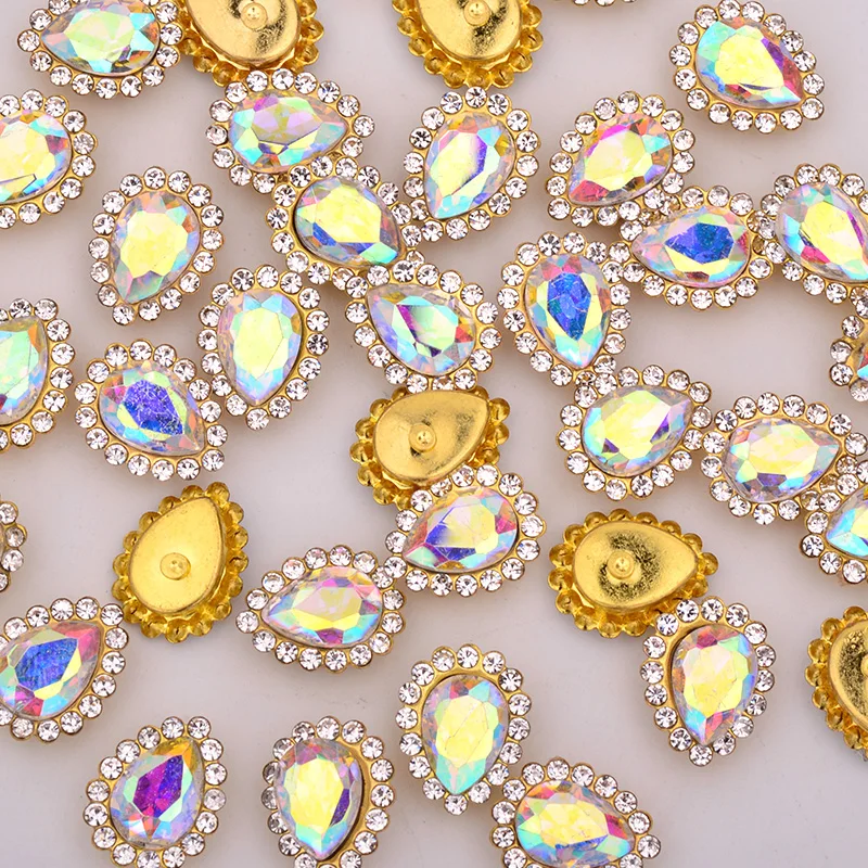 JUNAO 7*10mm Sewing Clear AB Glass Drop Rhinestone Gold Claw Crystal Applique Sewn Crystal Strass Flat Back Stones For Clothing