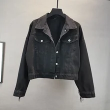 

2021 New Spring Autumn Fashion New Denim Jacket Clothing Female Light Blue Sequins Tassel Coat Single-Breasted Women Jeans Coat