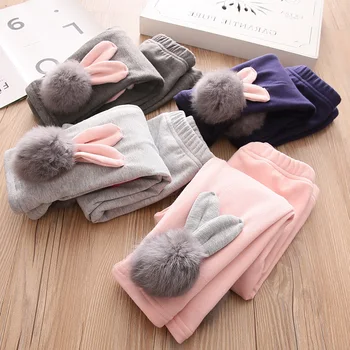 

Toddler Girls Leggings Thicken Plus Velvet Rabbit Ears Hairball Kids Pants 2019 Autumn Winter Warm Leggings Girls Trousers New