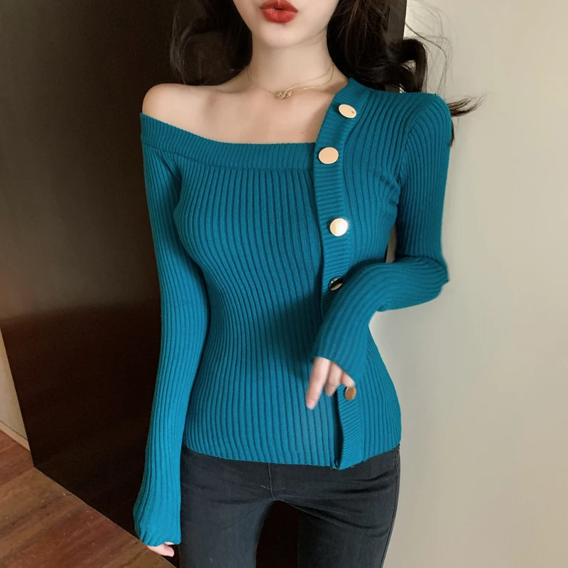 Front Buttons Slash Neck Sweater Pullover Girls Full Sleeve Off Shoulder Knitted Patched Irregular Sweaters Jumpers Tops Woman | Женская