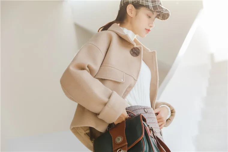 Ulzzang/839# зимняя новая стильная модная свободная короткая шерстяная куртка с отложным воротником