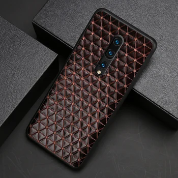 

Genuine Leather Phone Case For Oneplus 8 7 7T Pro 6 6T Cowhide Triangle Business Texture Back Cover Funda Capa