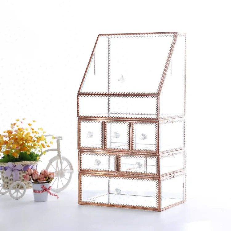 250X190X485MM Многоуровневые коробки для ювелирных изделий, стеклянная коробка для хранения ювелирных изделий, розовая Золотая оправа, органайзер, прозрачная коробка - Цвет: 250X190X485MM