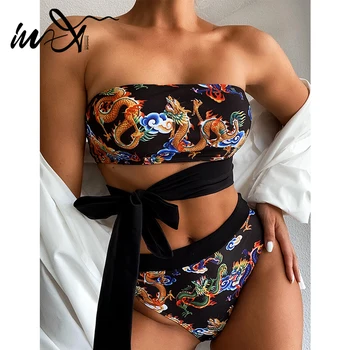 

In-X Dragon print bikinis 2020 mujer Vintage high waist swimsuit women bandeau swimwear women Bandage bathing suit Two pieces