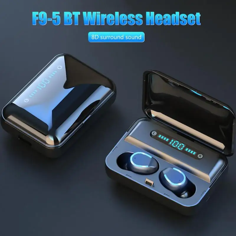 F9-5 TWS беспроводные BT 5,0 музыкальные стерео наушники-вкладыши Спортивные Bluetooth u-типа наушники с цифровым дисплеем зарядный чехол