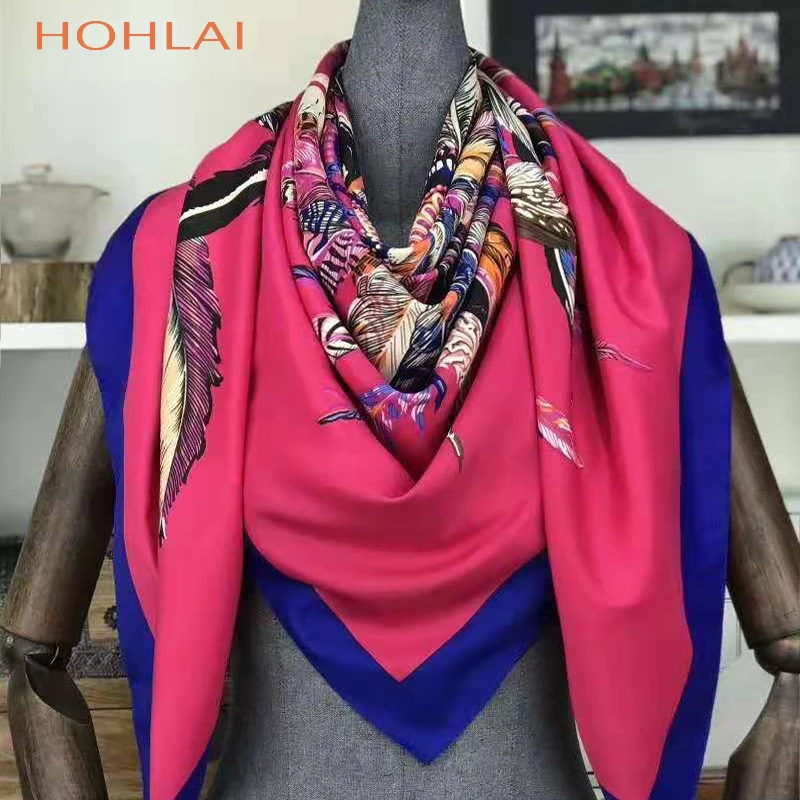 Саржевый шелковый шарф, женский роскошный брендовый квадратный индийский шелковый шарф с перьями и 130x130 см, женский шейный платок, большая бандана