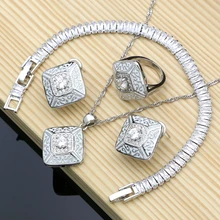 Farba gumowa srebro 925 biżuteria biała cyrkonia sześcienna zestawy biżuterii dla kobiet Party kolczyki/wisiorek/pierścionki/bransoletka/naszyjnik zestaw