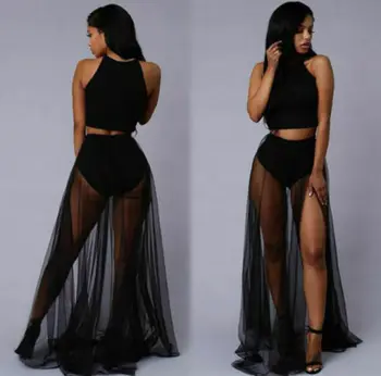 

Summer Women High Waist Skirts Bikini Cover Up See Through Mesh Sheer Side Split Skirt Solid Transparent Chiffon Maxi Long Skirt