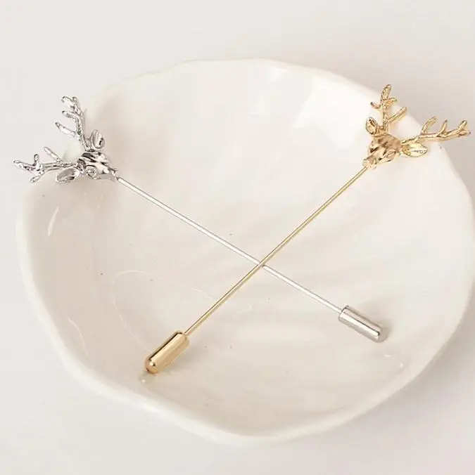Yiwu Retro Small Deer Head Elk Long Brooch Men Suit Collar Pin Yiwu F007