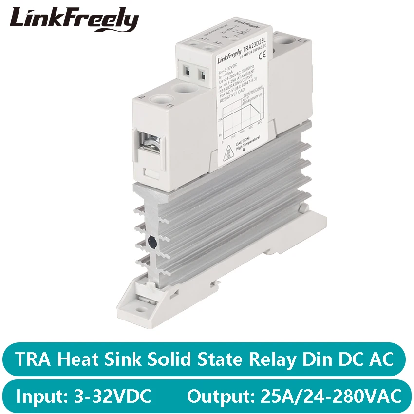 Dissipador de Calor ac Tra23d25l 25a Trilho Din Relé de Estado Sólido Entrada 24v dc 3v 5v 12v e 24v ac Placa de Relé de Controle de Tensão de Saída 24280vac
