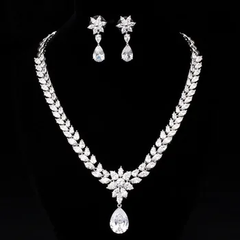

WHITE GOLD COLOR LUXURY BRIDAL CZ FLOWER AND WATER DROPLETS CRYSTAL NECKLACE AND EARRING SET BIG WEDDING JEWELRY SETS FOR BRIDES