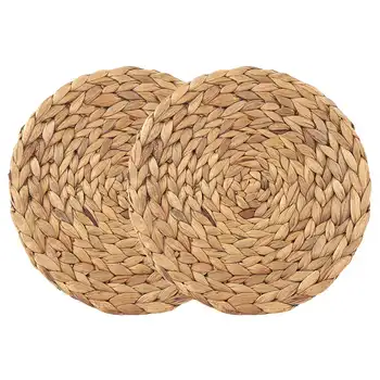 

Natural Handmade Straw Woven Placemat Wooden Round Braided Mat Heat Resistant Hot Insulation Anti-Skidding Pad Water