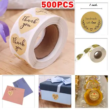 

500 Labels Round Heart Shape Thank You Sticker Seal Labes Hand Made With Love Sticker Paper Stationery Packaging Stickers