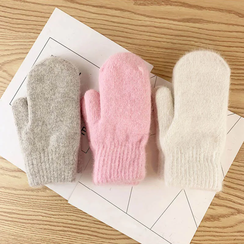

Hot Double-layer Rabbit Hair Gloves Female Winter Korean solid color All Fingers Women Gloves Girls Mittens