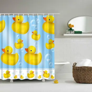 

Waterproof Thicken Polyester Blue 3D Shower Curtain Yellow Duck with Bubble Mildew Proof Bath Tub Curtain with 12 pcs Hooks