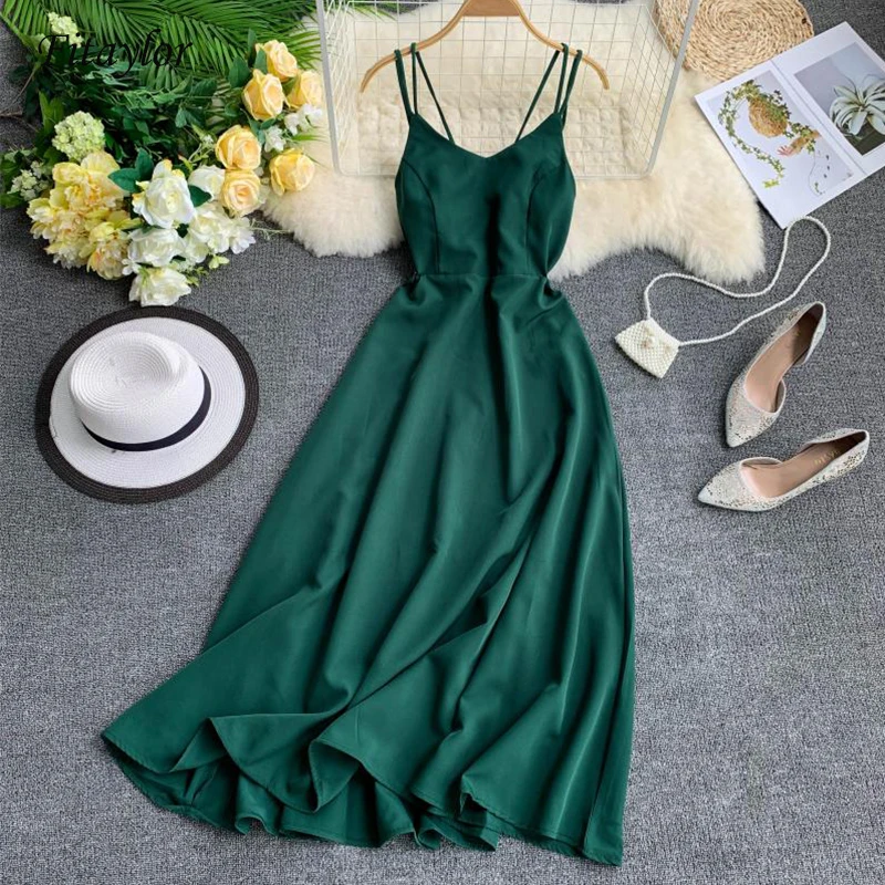 Ceny Fitaylor Sexy Spaghetti Strap długa sukienka kobiety eleganckie suknie z odkrytymi plecami Vintage impreza na plaży Maxi sukienka Vestidos