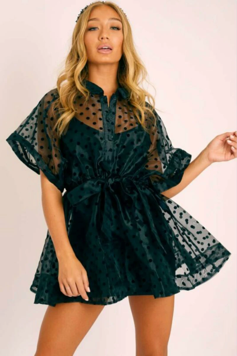 

New Fashion Women's Mesh Sheer See Through Polka Dotted Lace Up Bow Bikini Cover Up Summer Beachwear Casual Tops 2020 Hot Sale