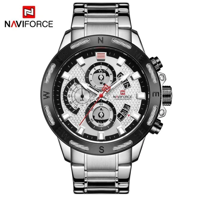 NAVIFORCE, мужские часы, водонепроницаемые, нержавеющая сталь, кварцевые часы, мужские, хронограф, военные часы, наручные часы, Relogio Masculino - Цвет: silver