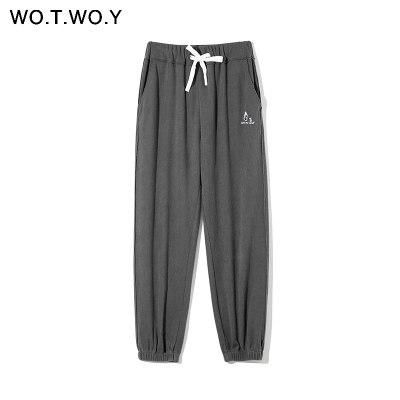 

WOTWOY High Waist Casual Corduroy Harem Pants Women Drawstring Solid Loose Pants Women Autumn Winter Thick Black Trousers Female