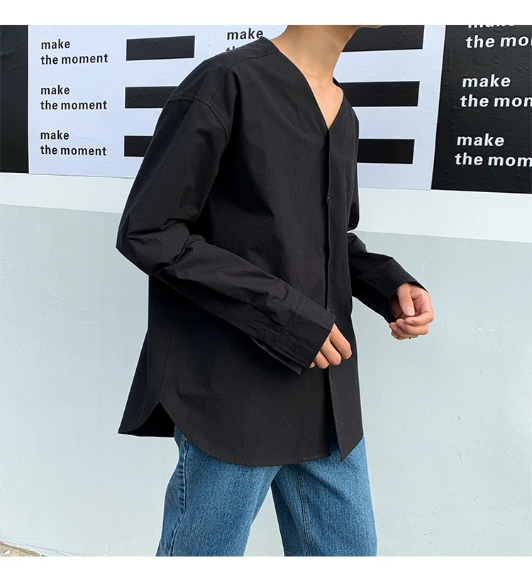Men Long Sleeve V-neck Loose Casual Black White Shirt Male Japan Style Vintage Streetwear Hip Hop Fashion Dress Shirt