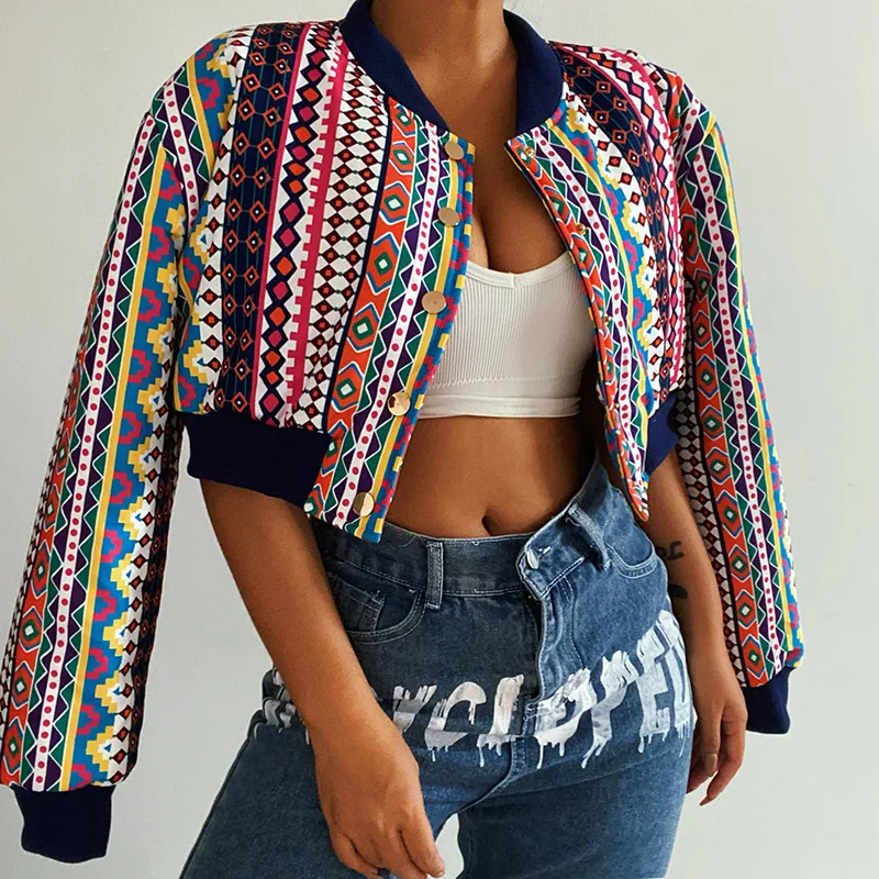 Vintage Single Breasted Long Sleeve Tops Bomber Coat Casual Ladies Outfits African Print Bombers Jacket Winter Fall Coats | Женская