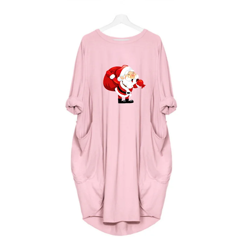Navidad Women Dress Christmas Pocket Casual Loose Vintage Party Fall Clothes Santa Claus Kawaii Womens  Dresses