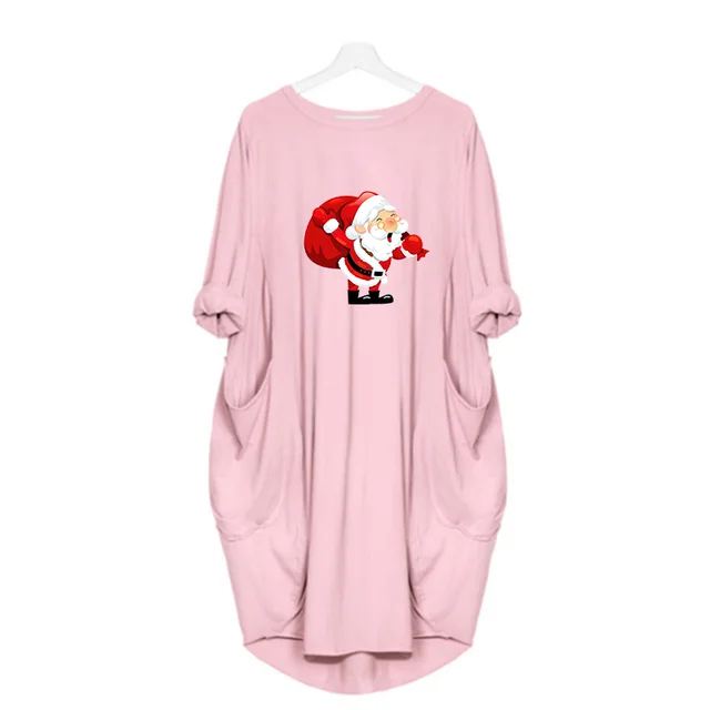 Navidad Women Dress Christmas Pocket Casual Loose Vintage Party Fall Clothes Santa Claus Kawaii Womens  Dresses D002M543 Pink
