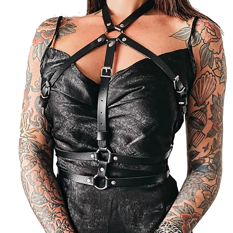 

Gothic Harness Belt For Women Black PU Leather Waist Body Bondage Harness Sexy Lingerie Chest Bra Cage Garter Suspender Belts