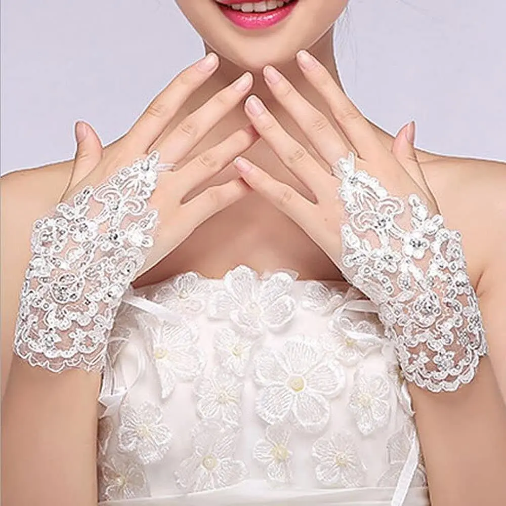 Ivory 5.9 Inches Long Lace and Rhinestone Bridal Wedding Gloves for Women. Fashion Wedding Accessories Short Mitten for Girls