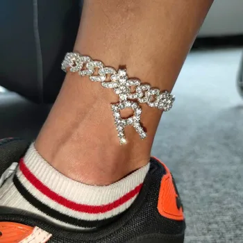 

New Design DIY Iced Out CZ Cuban Link Chain Single Letter Anklet Hip-Hop Luxury Rhinestone Crystal Charm Anklets Foot Jewelry