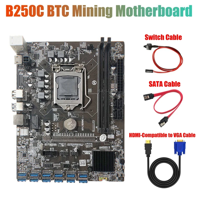 Материнская плата для майнинга B250C с 4-контактным кабелем SATA + кабель