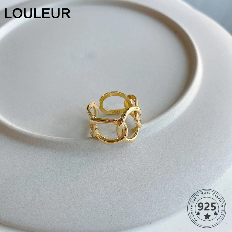 LouLeur, настоящее 925 пробы, Серебряное Плетение, широкая цепочка, кольцо, 18 К, золото, ажурное, высокое качество, минималистичные кольца для женщин, элегантное ювелирное изделие