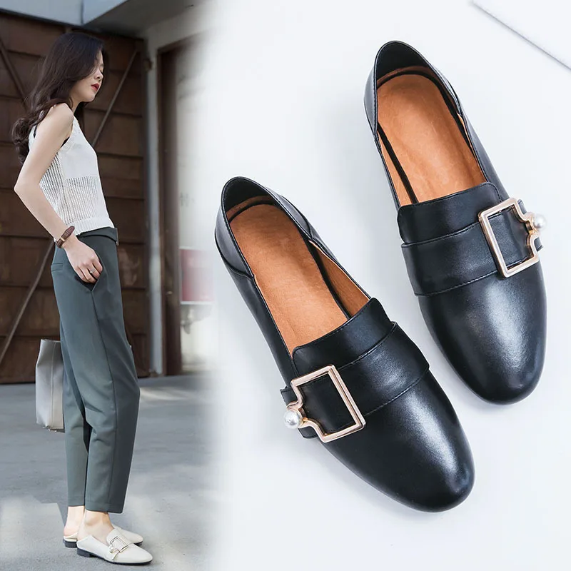 

2019 Spring New Style Genuine Leather Women's Summer England Casual Slip-on Lazy Stepping Double Purpose Small Leather Shoes Sho